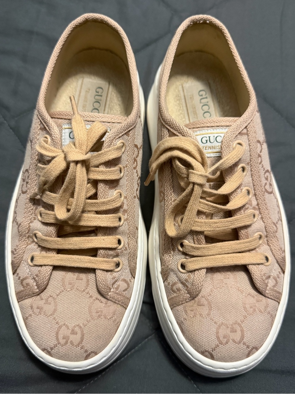 Gucci Beige Pink GG Canvas Low-Top Sneakers